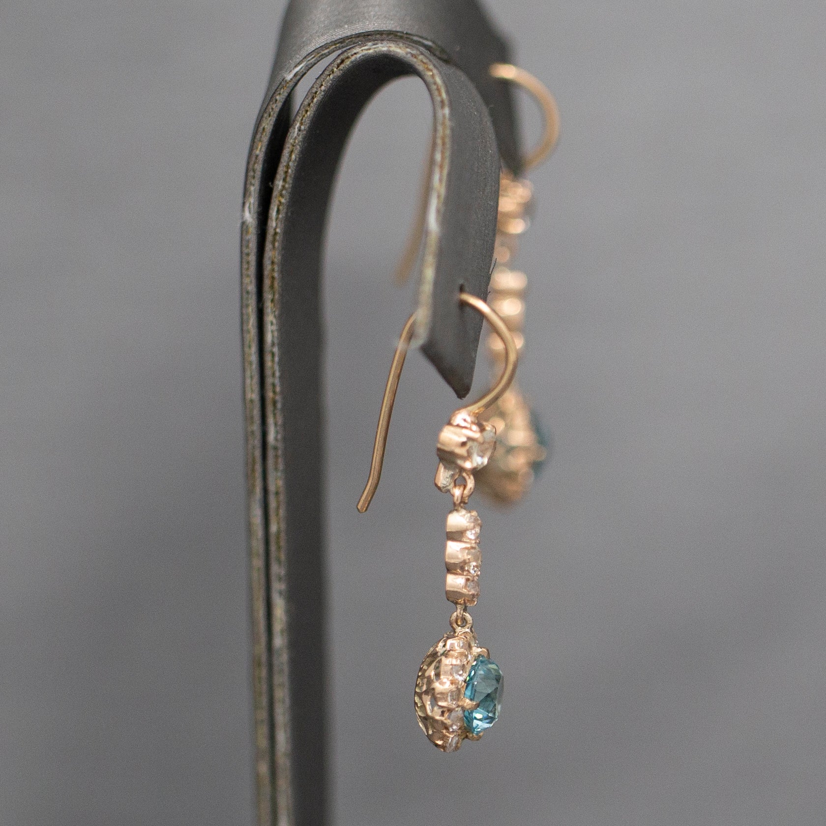 Sparkling Vintage Blue and White Zircon Dangle Earrings in 14k Rose Gold