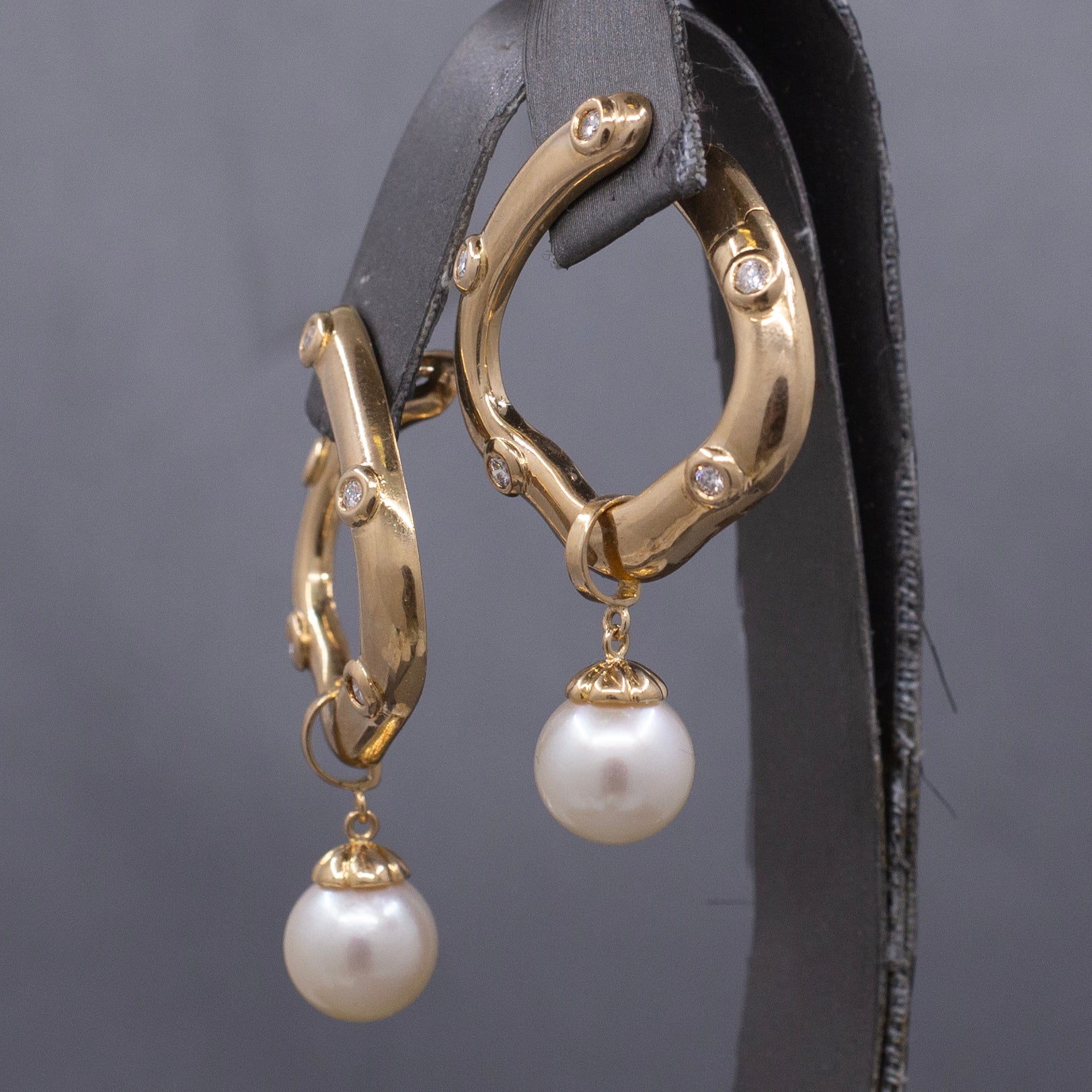 Gorgeous Bold Diamond Hoop Earrings with Pearl Dangles in 14k Yellow Gold