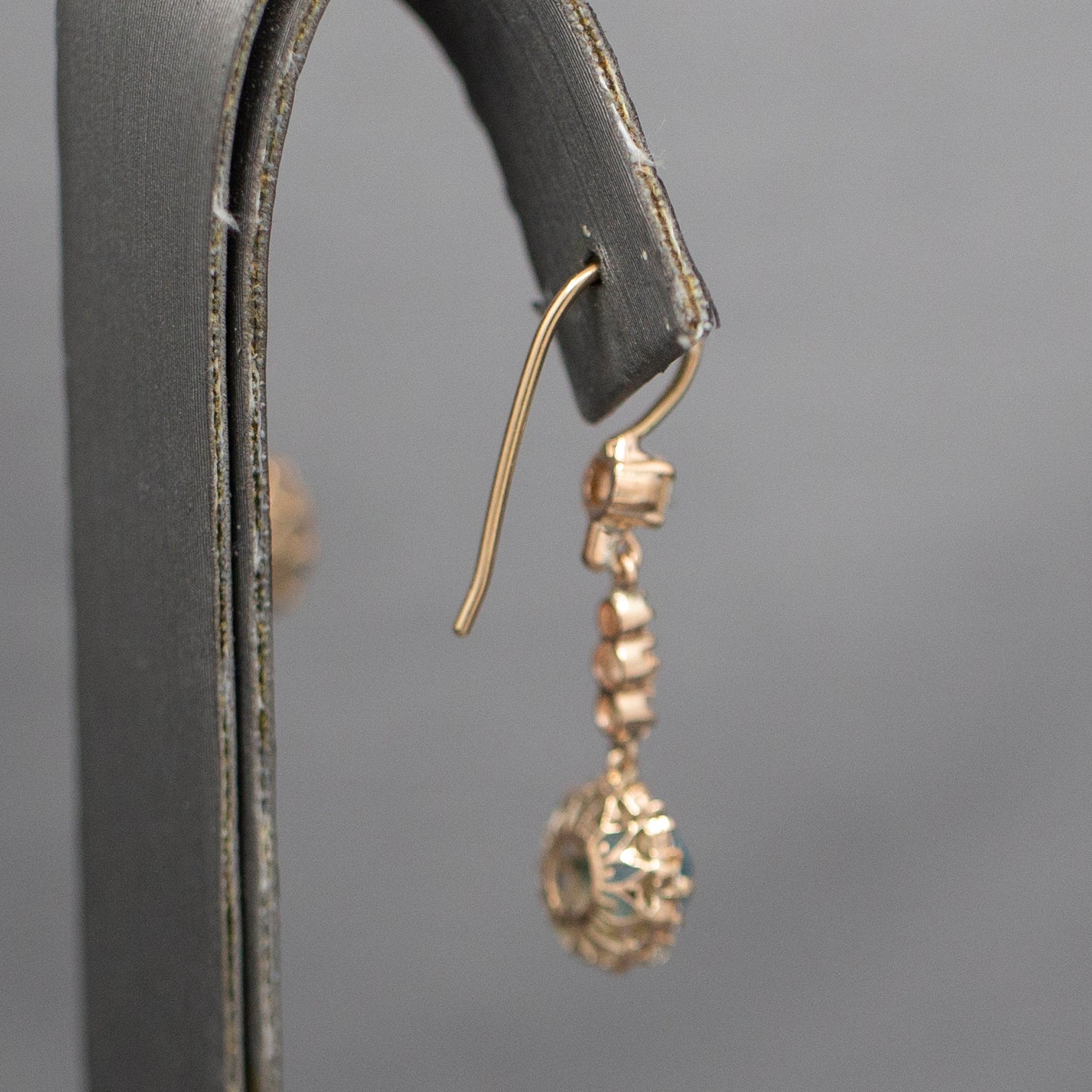 Sparkling Vintage Blue and White Zircon Dangle Earrings in 14k Rose Gold