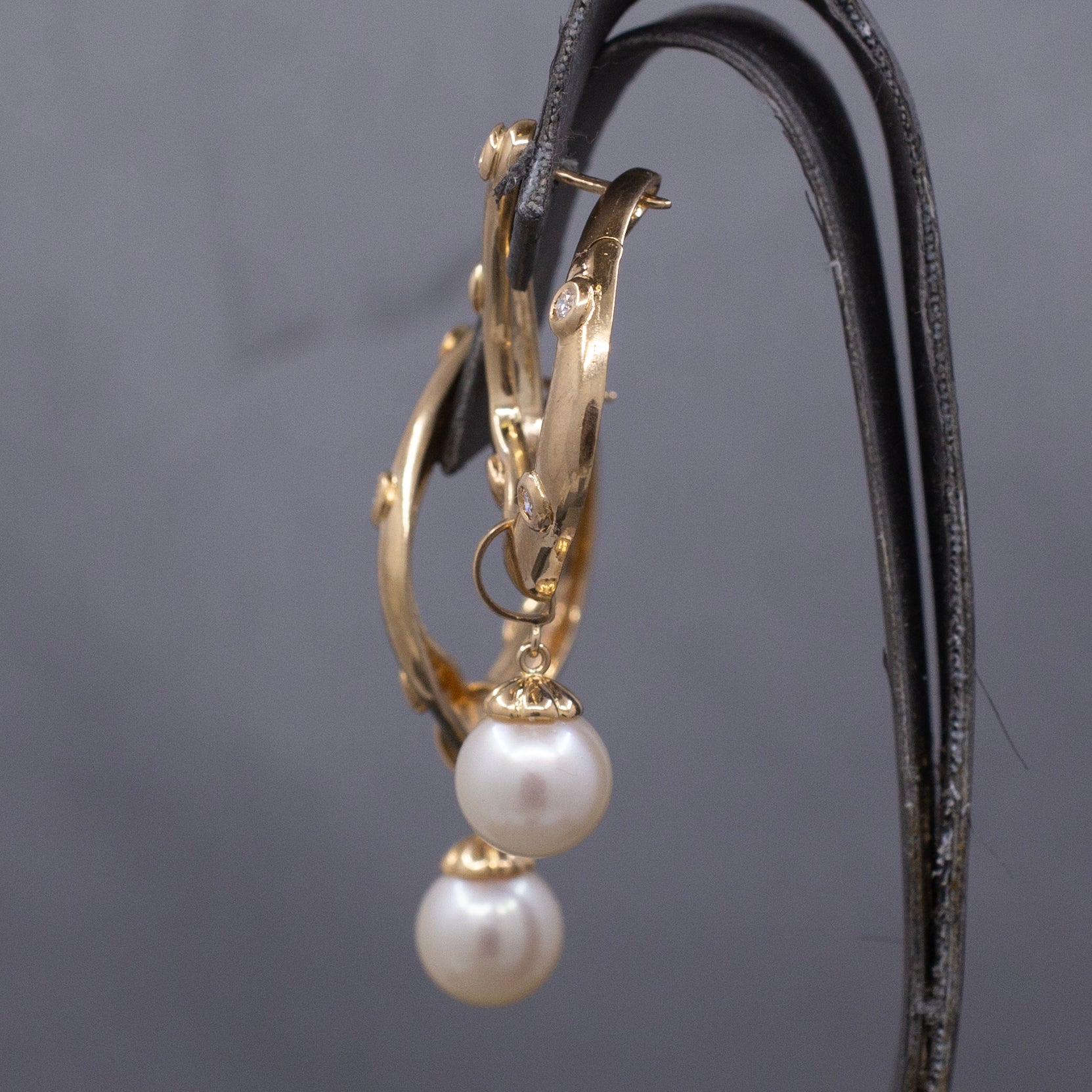 Gorgeous Bold Diamond Hoop Earrings with Pearl Dangles in 14k Yellow Gold