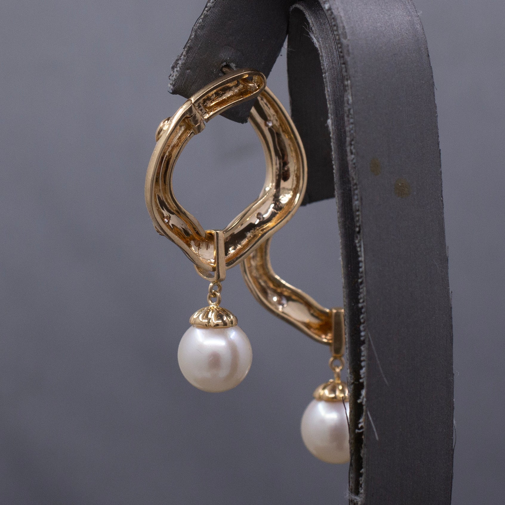 Gorgeous Bold Diamond Hoop Earrings with Pearl Dangles in 14k Yellow Gold