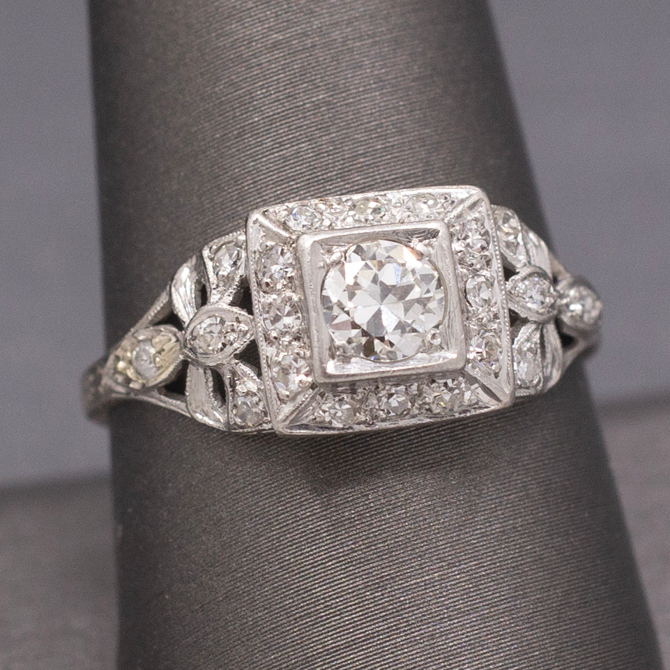 Gorgeous Late Art Deco Old European Cut Diamond Engagement Ring in Platinum