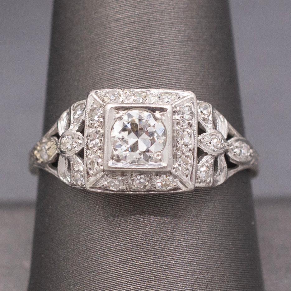 Gorgeous Late Art Deco Old European Cut Diamond Engagement Ring in Platinum