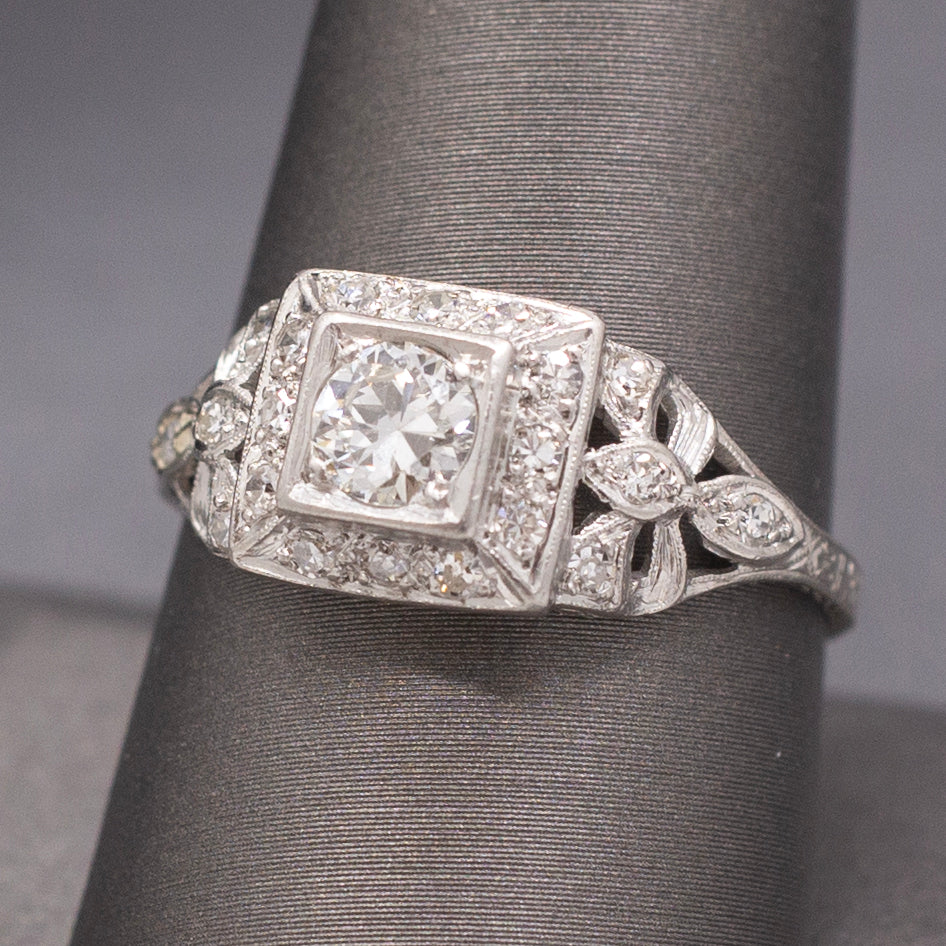 Gorgeous Late Art Deco Old European Cut Diamond Engagement Ring in Platinum