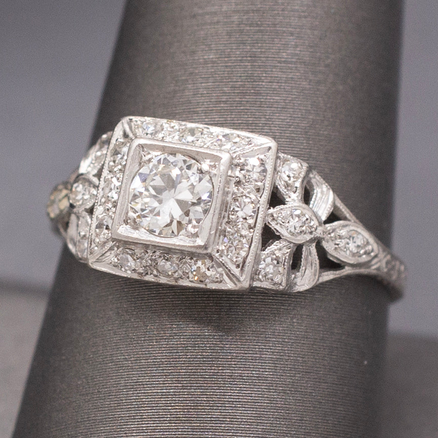 Gorgeous Late Art Deco Old European Cut Diamond Engagement Ring in Platinum