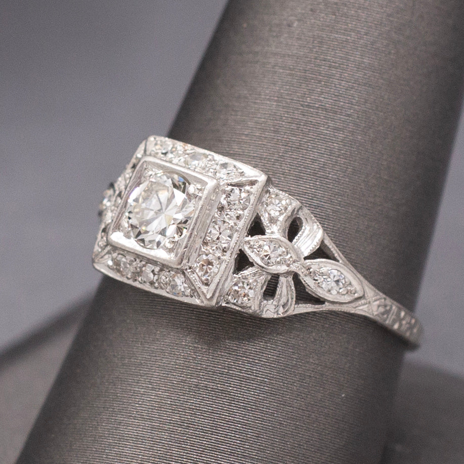 Gorgeous Late Art Deco Old European Cut Diamond Engagement Ring in Platinum