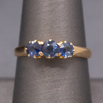 Antique Victorian Old Cut Blue Sapphire Three Stone Band Ring in 14k Yellow Gold