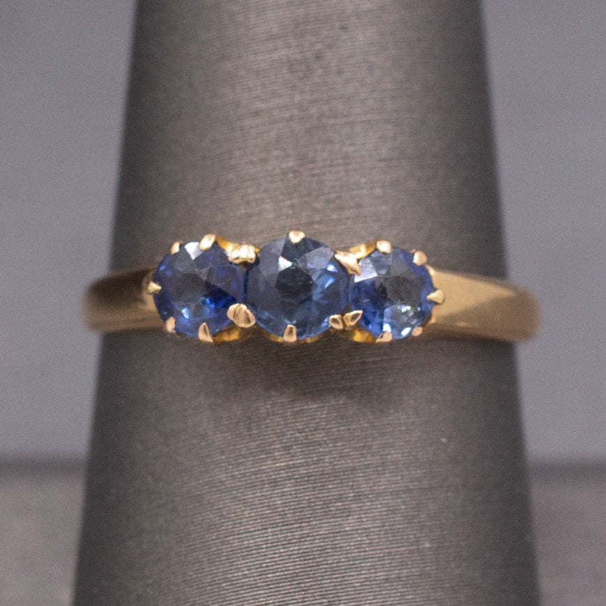 Antique Victorian Old Cut Blue Sapphire Three Stone Band Ring in 14k Yellow Gold