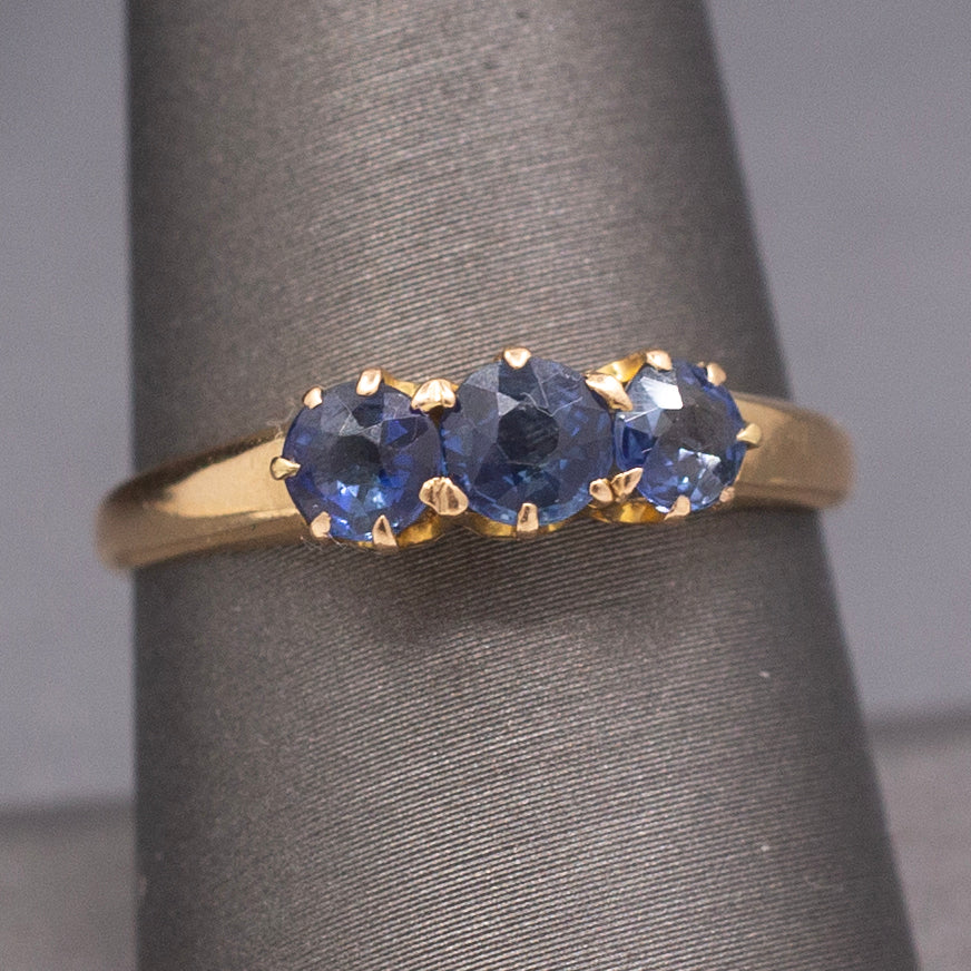 Antique Victorian Old Cut Blue Sapphire Three Stone Band Ring in 14k Yellow Gold