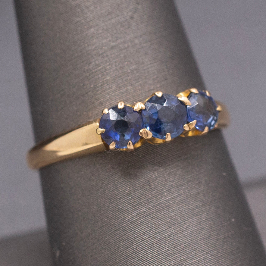 Antique Victorian Old Cut Blue Sapphire Three Stone Band Ring in 14k Yellow Gold