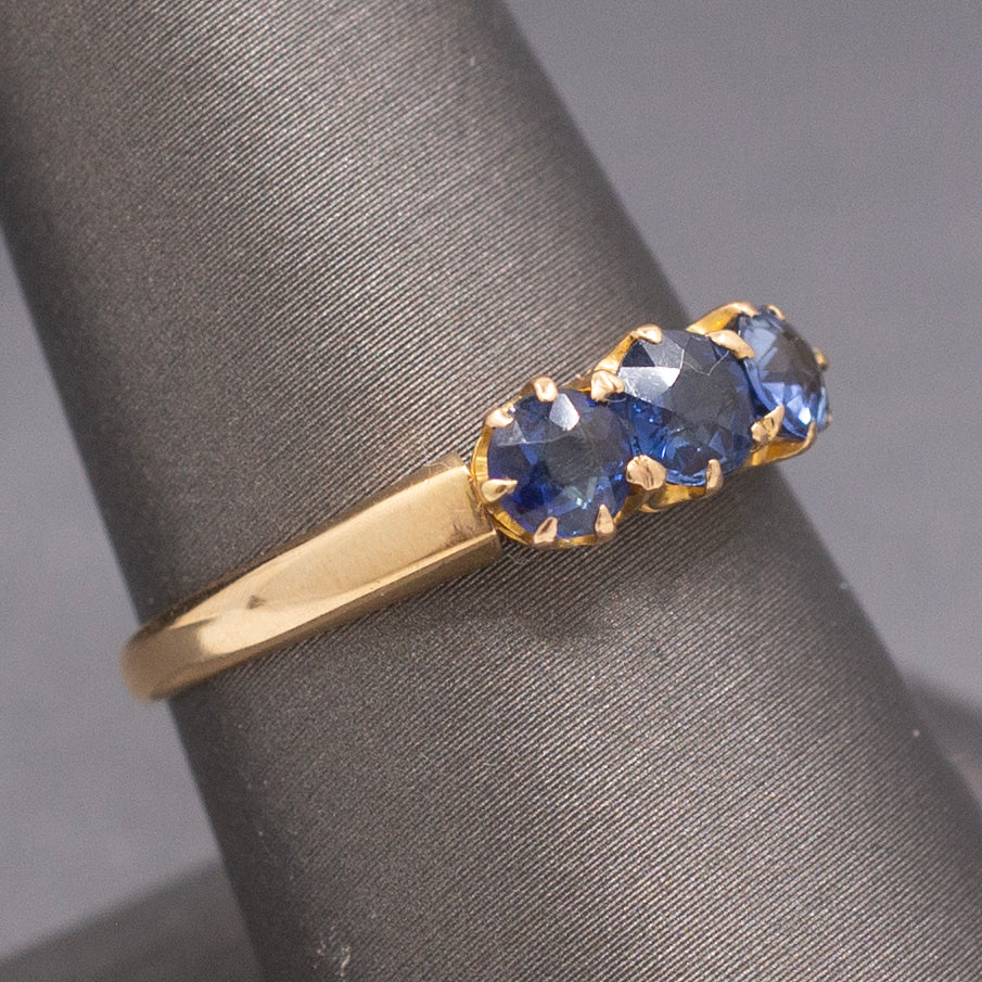 Antique Victorian Old Cut Blue Sapphire Three Stone Band Ring in 14k Yellow Gold