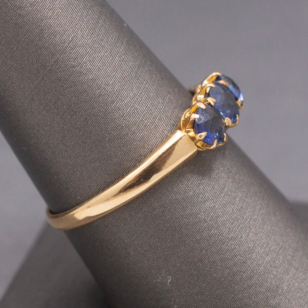 Antique Victorian Old Cut Blue Sapphire Three Stone Band Ring in 14k Yellow Gold