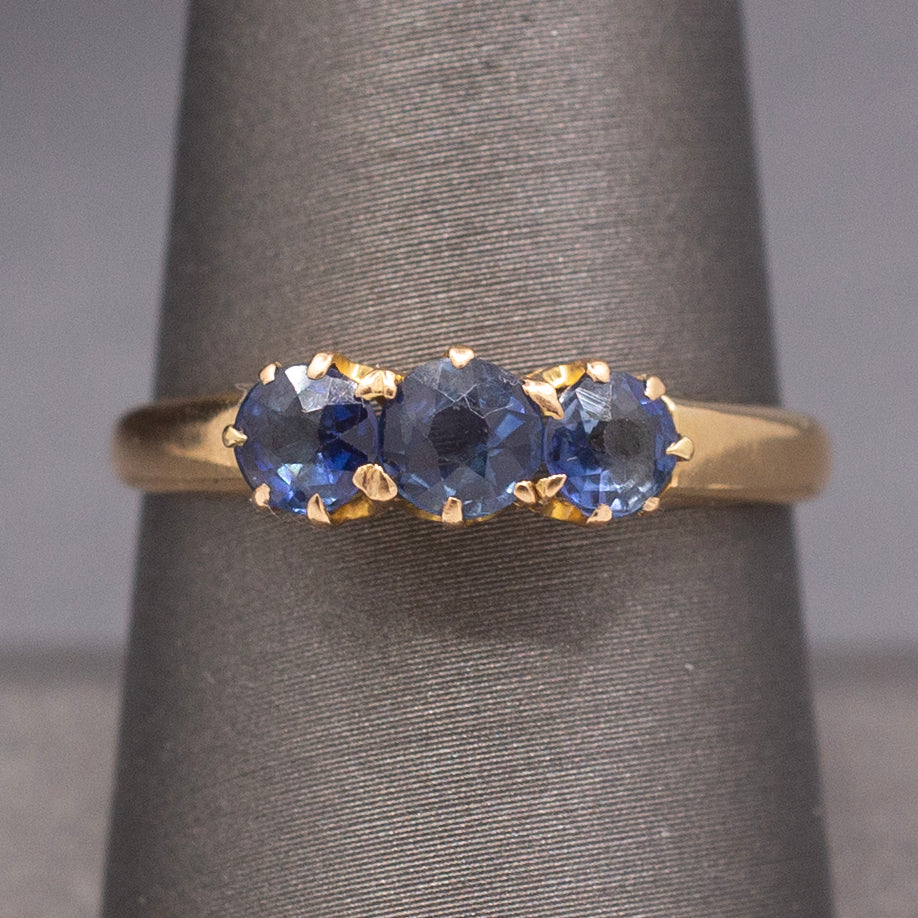 Antique Victorian Old Cut Blue Sapphire Three Stone Band Ring in 14k Yellow Gold