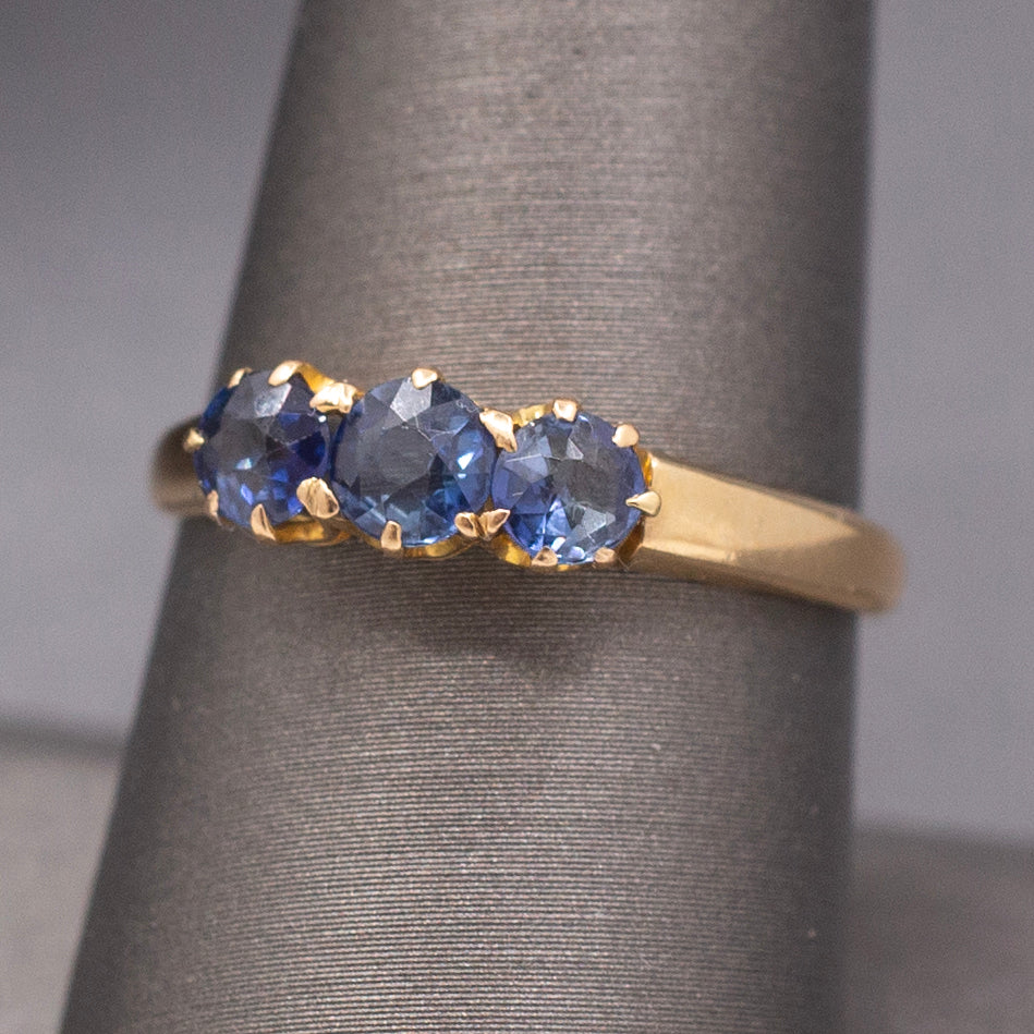 Antique Victorian Old Cut Blue Sapphire Three Stone Band Ring in 14k Yellow Gold