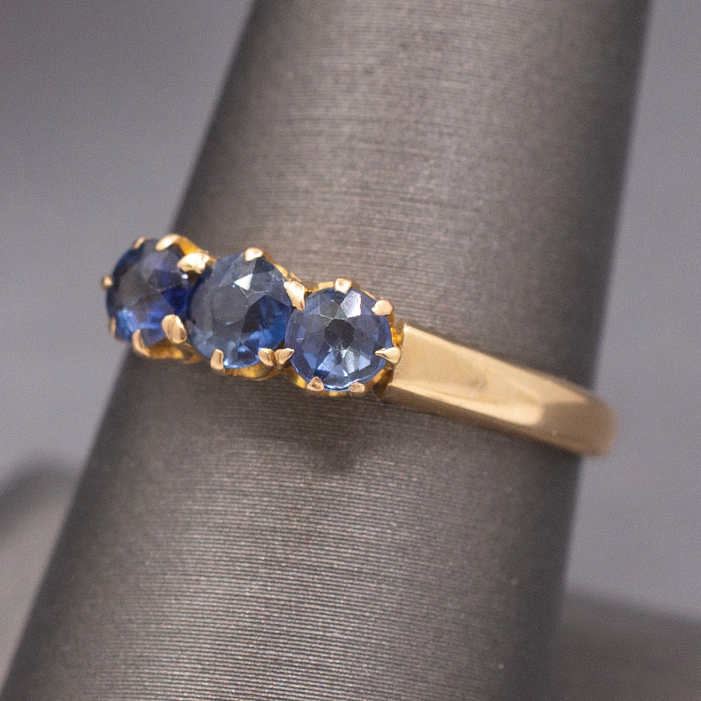 Antique Victorian Old Cut Blue Sapphire Three Stone Band Ring in 14k Yellow Gold