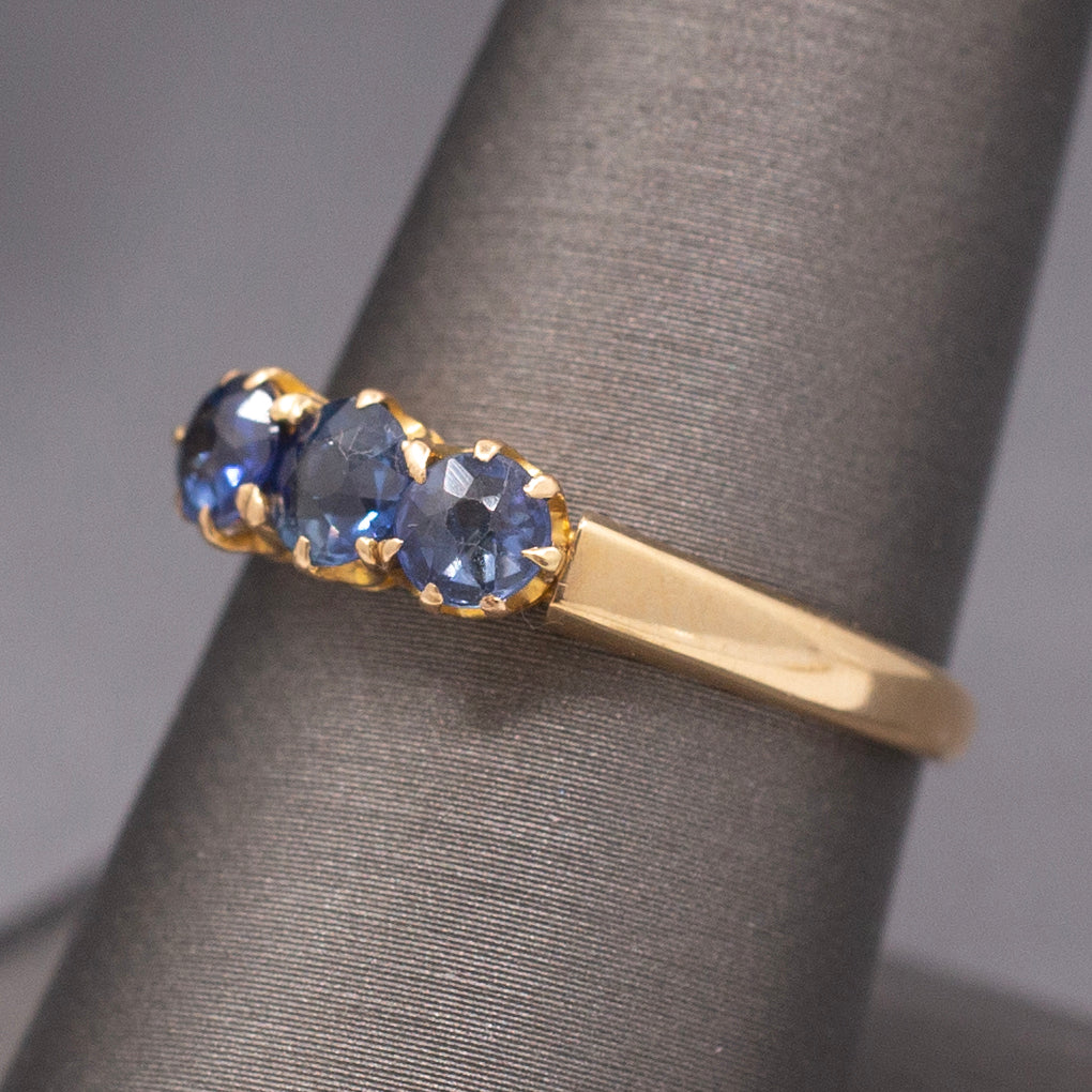 Antique Victorian Old Cut Blue Sapphire Three Stone Band Ring in 14k Yellow Gold