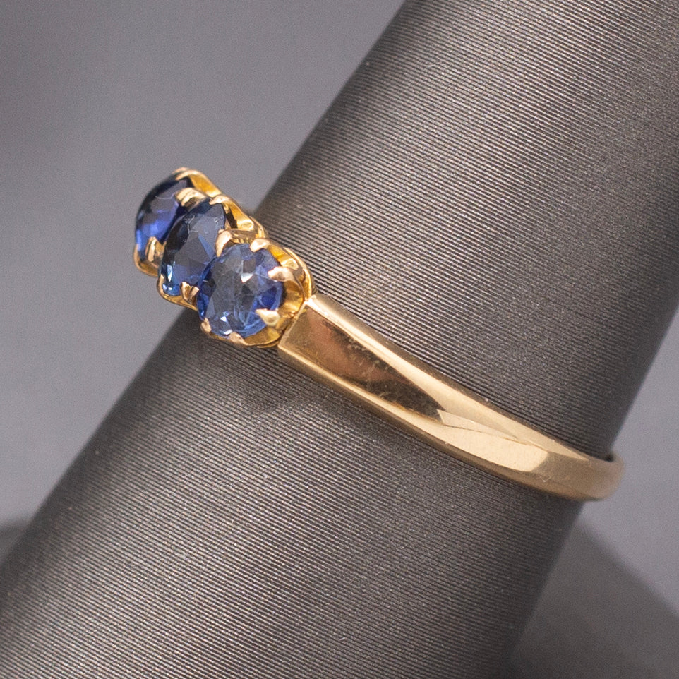 Antique Victorian Old Cut Blue Sapphire Three Stone Band Ring in 14k Yellow Gold