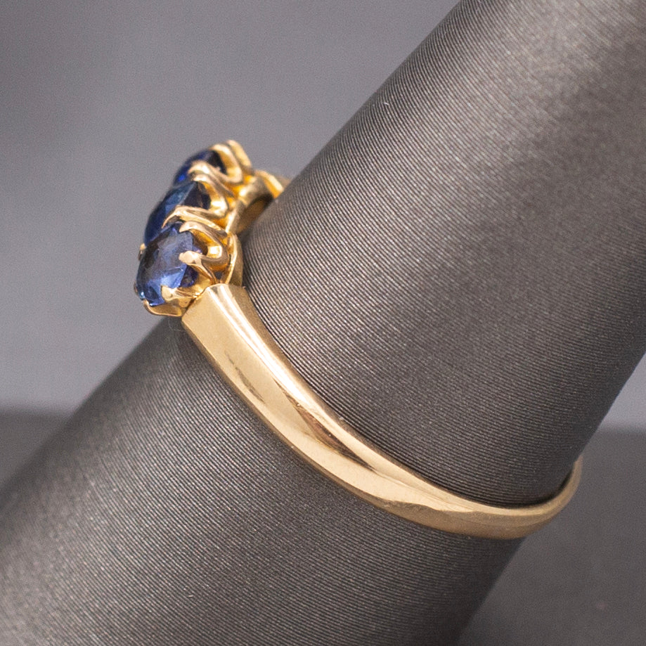 Antique Victorian Old Cut Blue Sapphire Three Stone Band Ring in 14k Yellow Gold