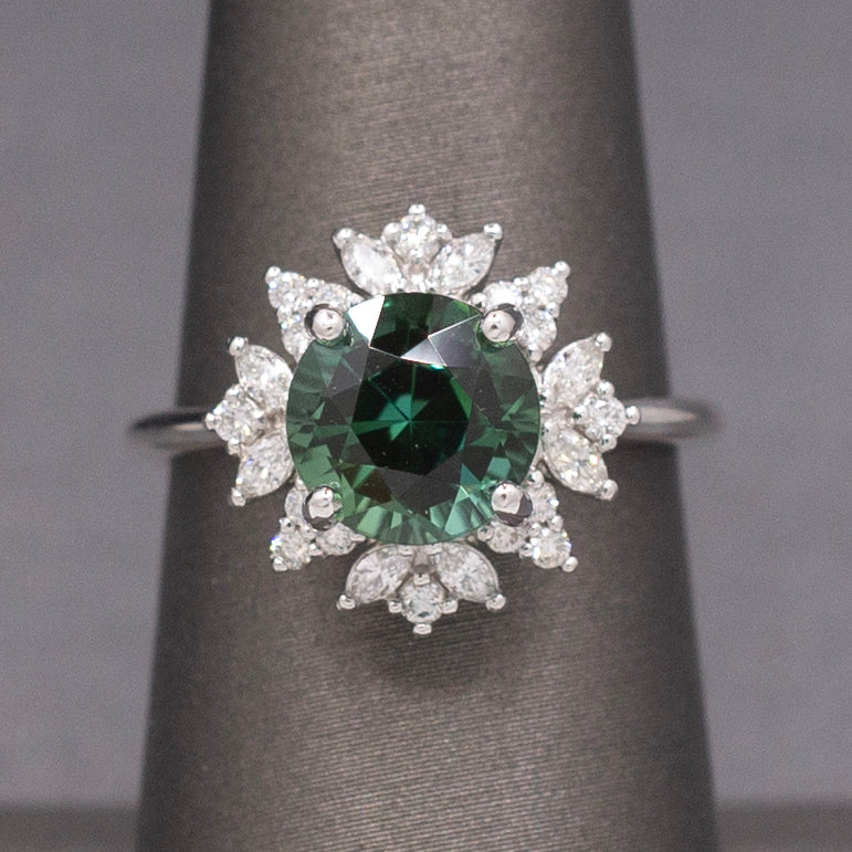 Incredible Blue Green Teal Tourmaline and Diamond Ring in 14k White Gold