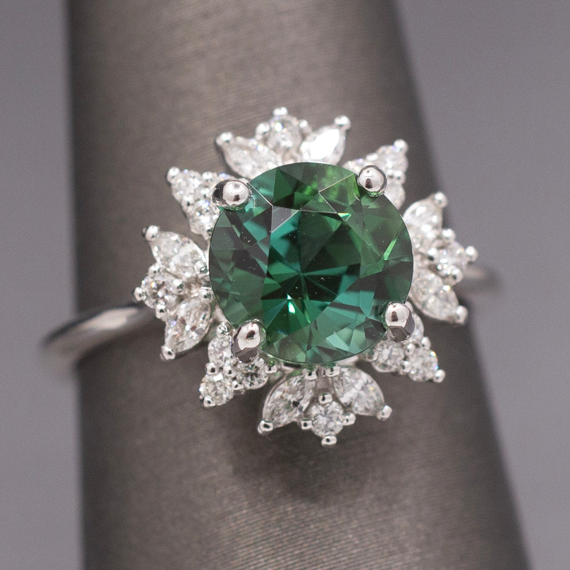 Incredible Blue Green Teal Tourmaline and Diamond Ring in 14k White Gold