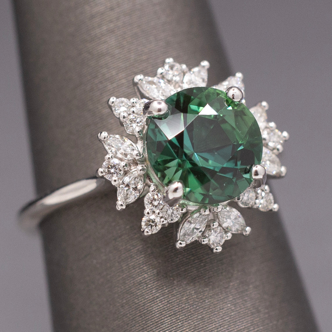 Incredible Blue Green Teal Tourmaline and Diamond Ring in 14k White Gold