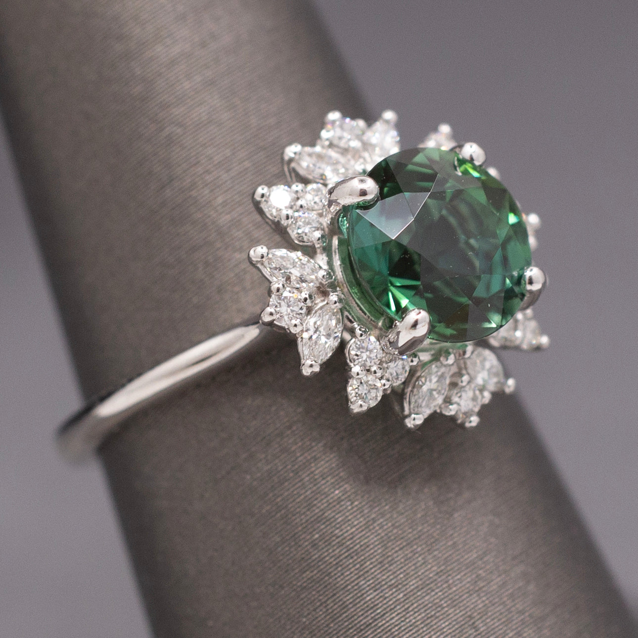 Incredible Blue Green Teal Tourmaline and Diamond Ring in 14k White Gold