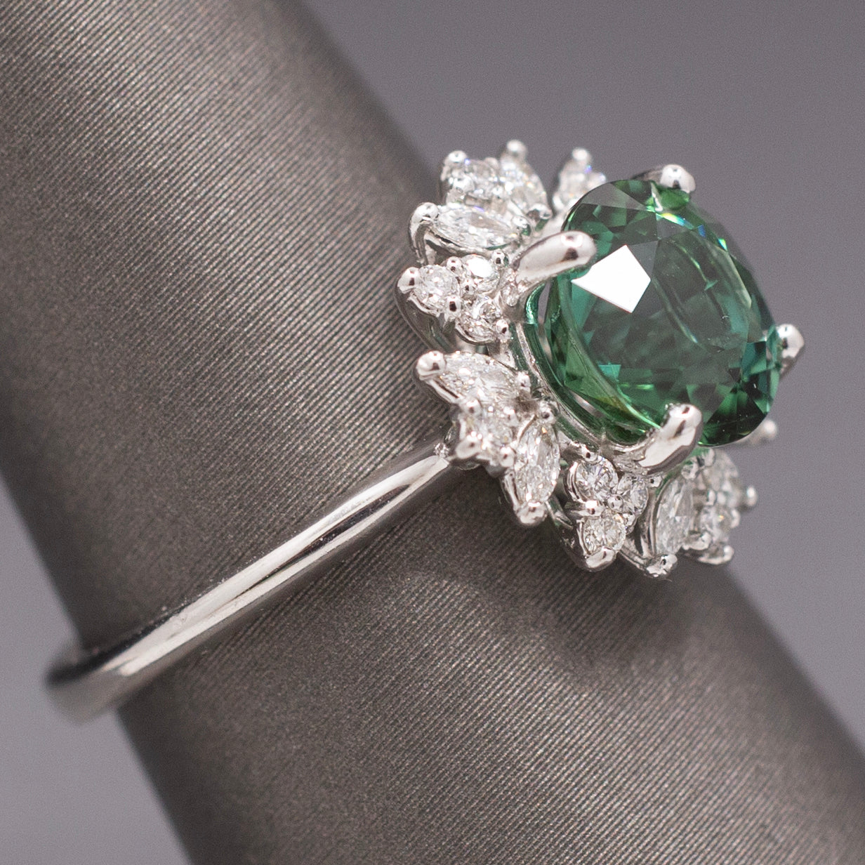 Incredible Blue Green Teal Tourmaline and Diamond Ring in 14k White Gold