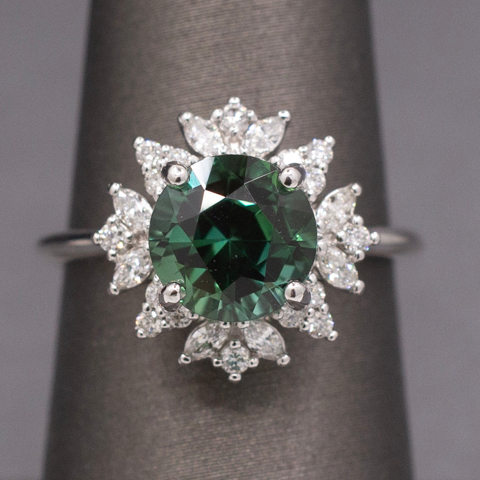 Incredible Blue Green Teal Tourmaline and Diamond Ring in 14k White Gold