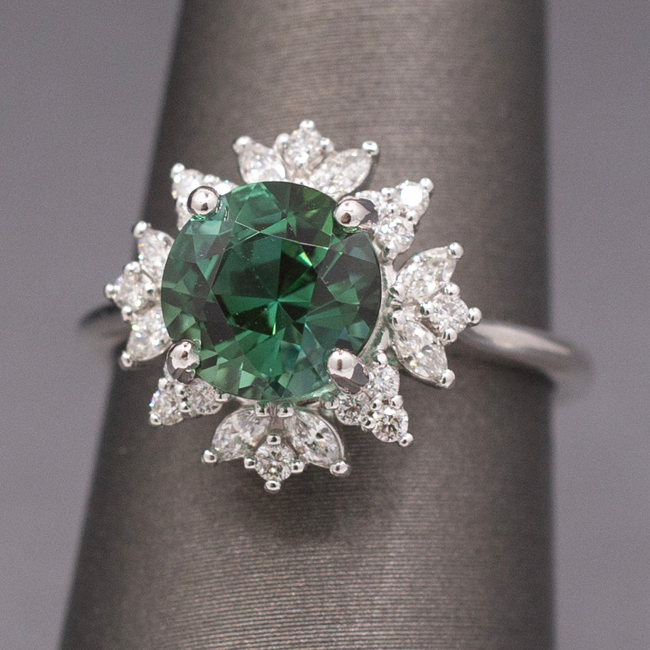 Incredible Blue Green Teal Tourmaline and Diamond Ring in 14k White Gold