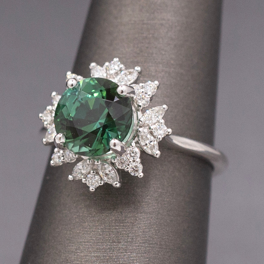 Incredible Blue Green Teal Tourmaline and Diamond Ring in 14k White Gold