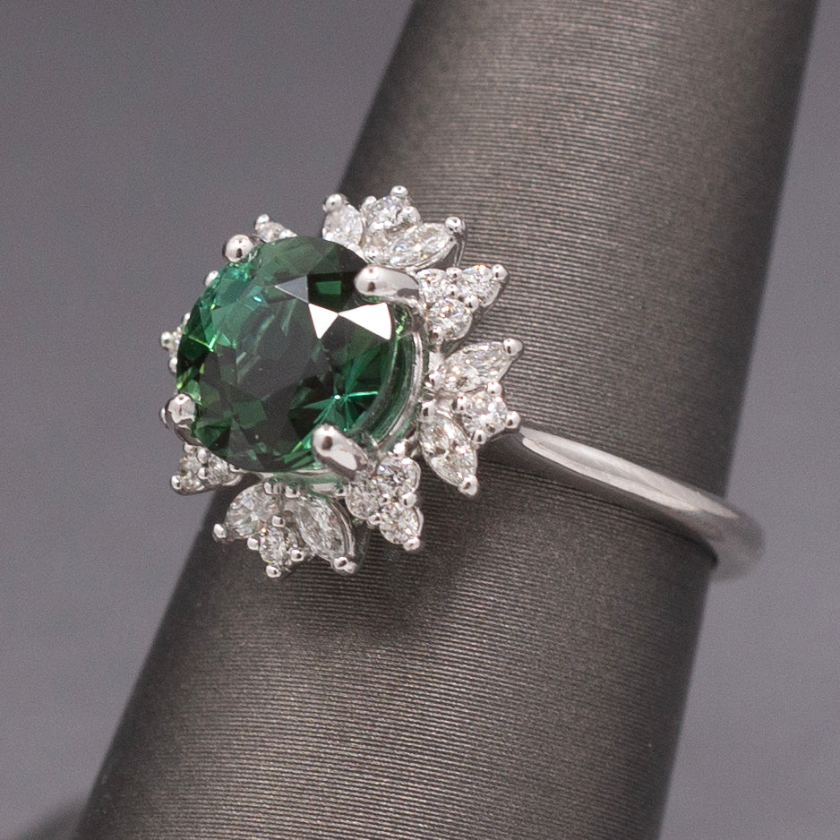 Incredible Blue Green Teal Tourmaline and Diamond Ring in 14k White Gold