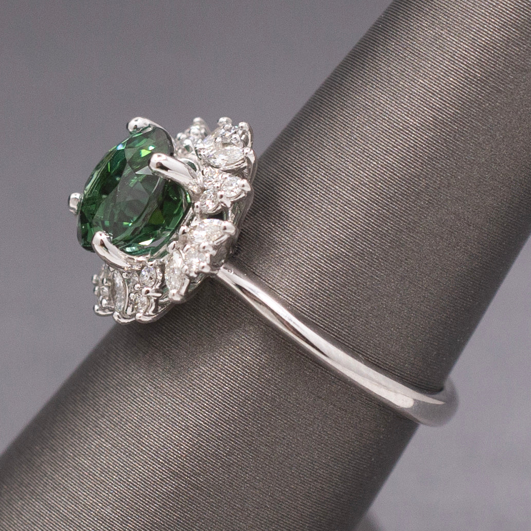 Incredible Blue Green Teal Tourmaline and Diamond Ring in 14k White Gold