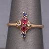 Antique Victorian Ruby Sapphire and Diamond Petite Navette Ring in 10k Rosy Gold