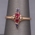 Antique Victorian Ruby Sapphire and Diamond Petite Navette Ring in 10k Rosy Gold