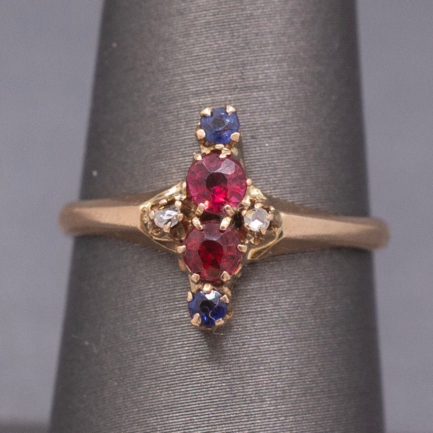 Antique Victorian Ruby Sapphire and Diamond Petite Navette Ring in 10k Rosy Gold