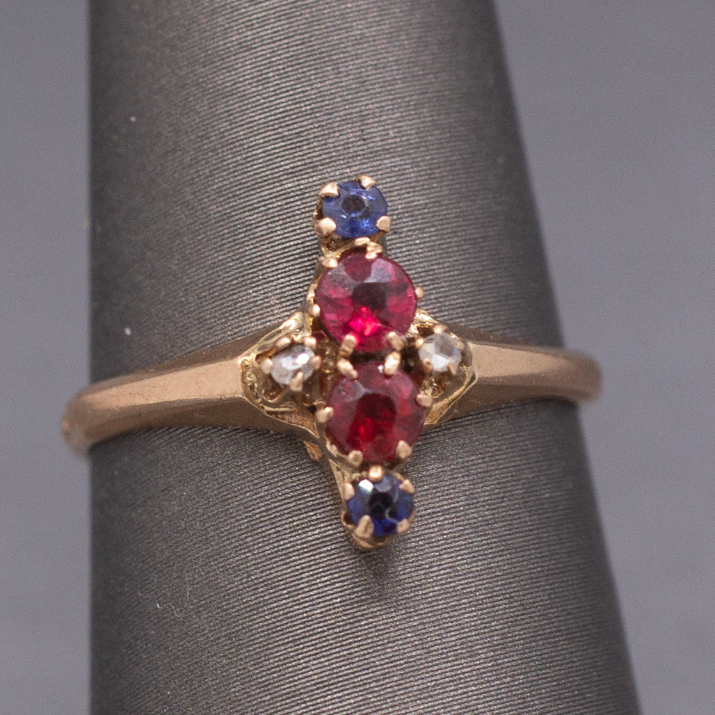 Antique Victorian Ruby Sapphire and Diamond Petite Navette Ring in 10k Rosy Gold