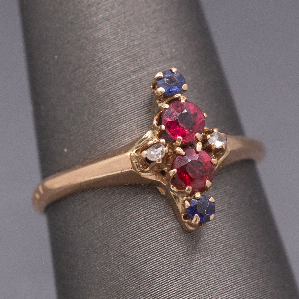 Antique Victorian Ruby Sapphire and Diamond Petite Navette Ring in 10k Rosy Gold