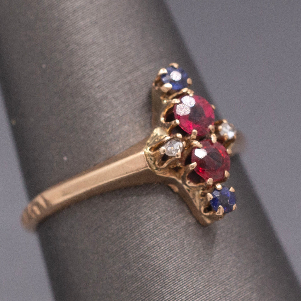 Antique Victorian Ruby Sapphire and Diamond Petite Navette Ring in 10k Rosy Gold