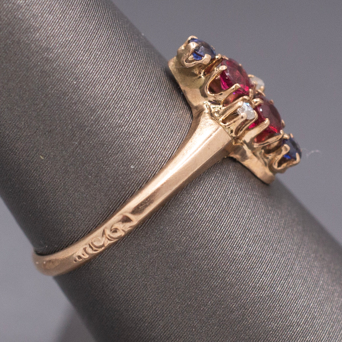 Antique Victorian Ruby Sapphire and Diamond Petite Navette Ring in 10k Rosy Gold