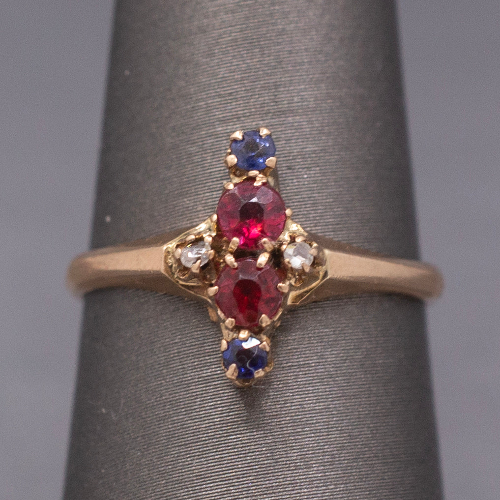 Antique Victorian Ruby Sapphire and Diamond Petite Navette Ring in 10k Rosy Gold