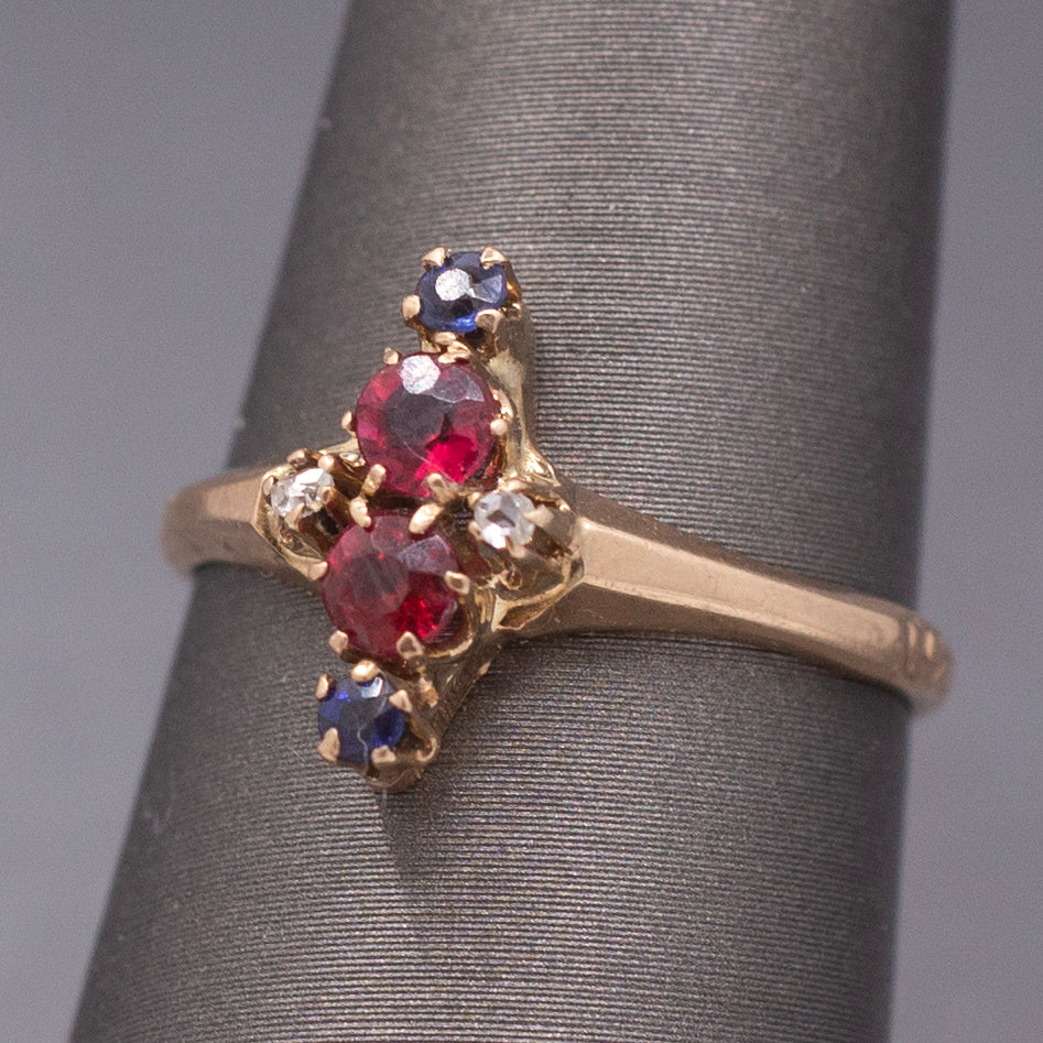 Antique Victorian Ruby Sapphire and Diamond Petite Navette Ring in 10k Rosy Gold