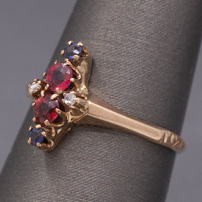 Antique Victorian Ruby Sapphire and Diamond Petite Navette Ring in 10k Rosy Gold