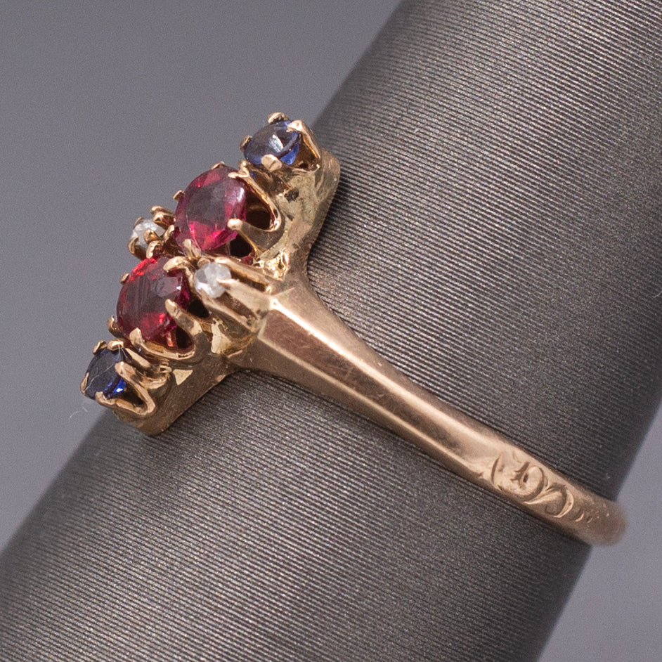 Antique Victorian Ruby Sapphire and Diamond Petite Navette Ring in 10k Rosy Gold