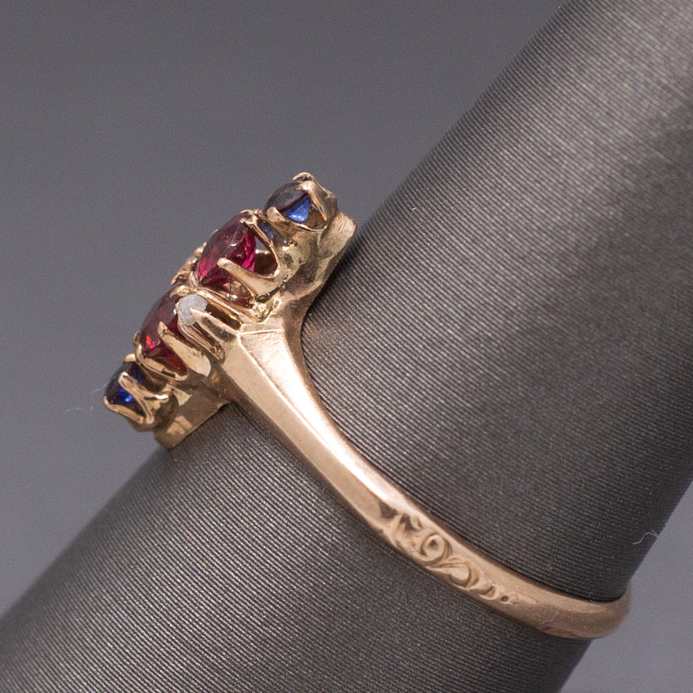 Antique Victorian Ruby Sapphire and Diamond Petite Navette Ring in 10k Rosy Gold