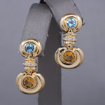 Vintage Bezel Set Blue Topaz and Citrine Dangle Earrings in 14k Yellow Gold