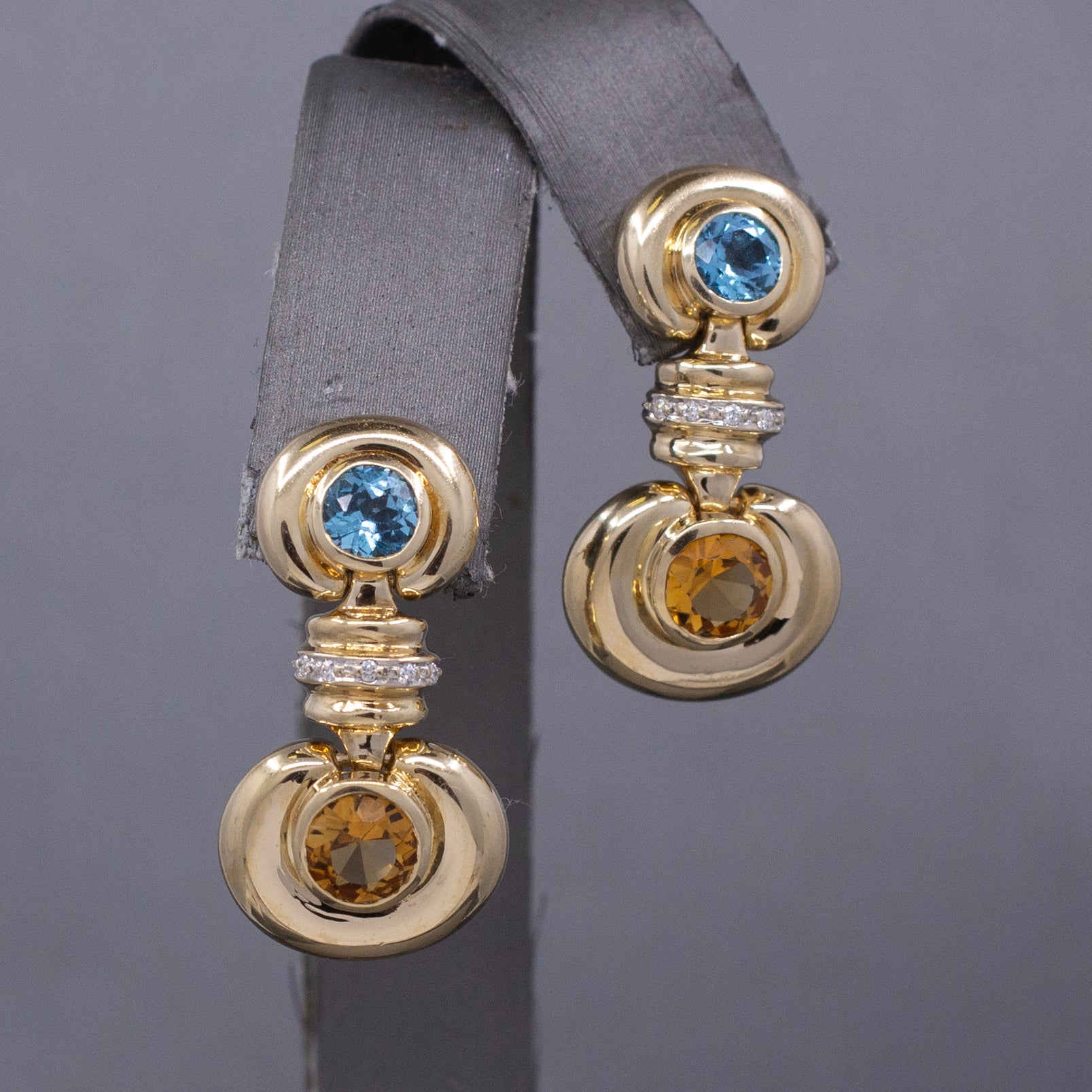 Vintage Bezel Set Blue Topaz and Citrine Dangle Earrings in 14k Yellow Gold