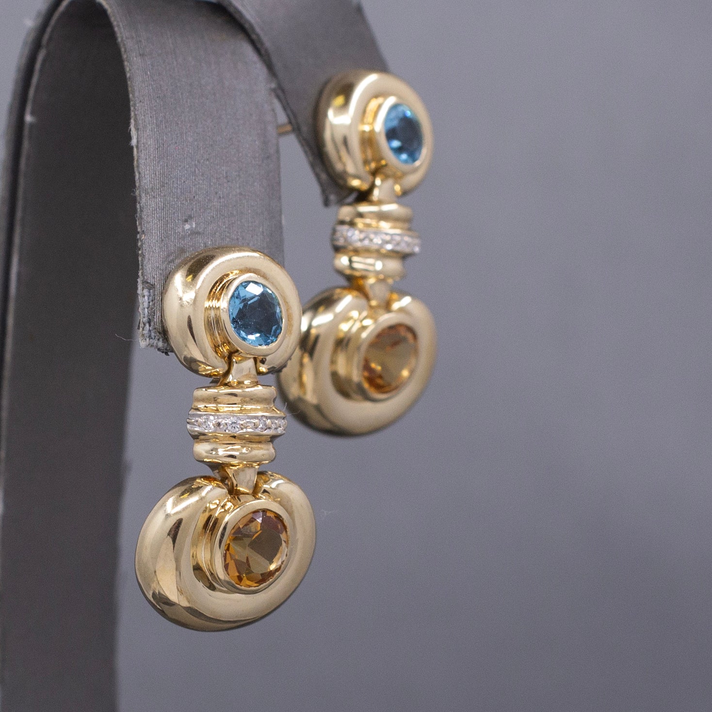 Vintage Bezel Set Blue Topaz and Citrine Dangle Earrings in 14k Yellow Gold