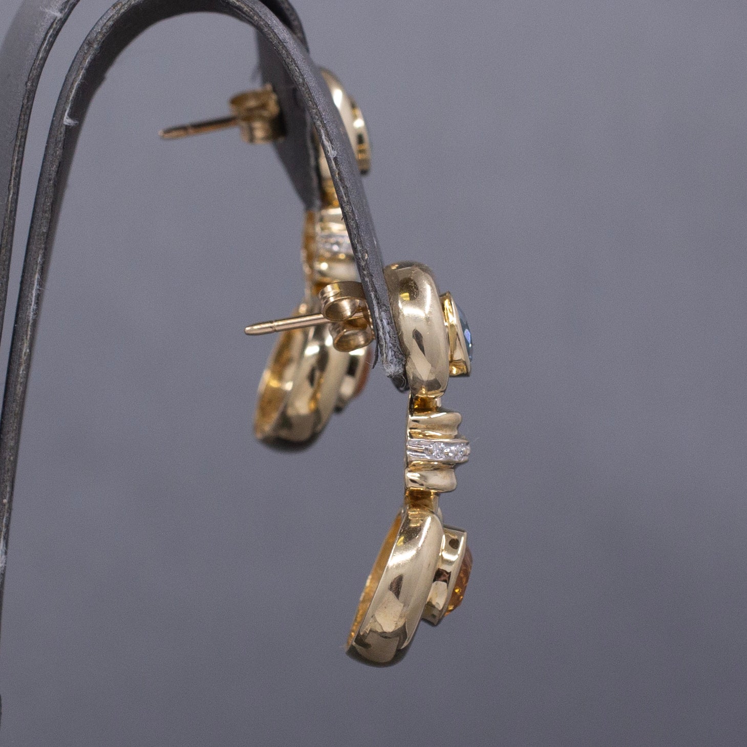 Vintage Bezel Set Blue Topaz and Citrine Dangle Earrings in 14k Yellow Gold