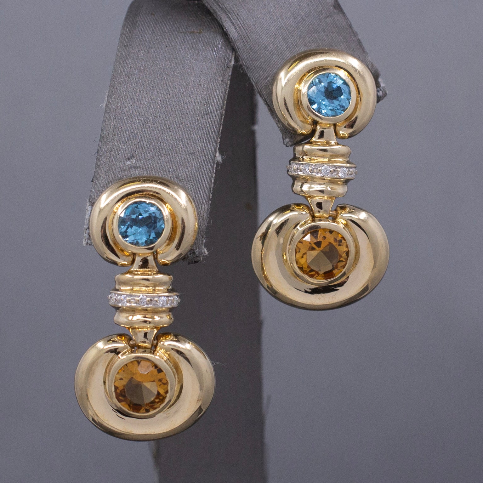 Vintage Bezel Set Blue Topaz and Citrine Dangle Earrings in 14k Yellow Gold