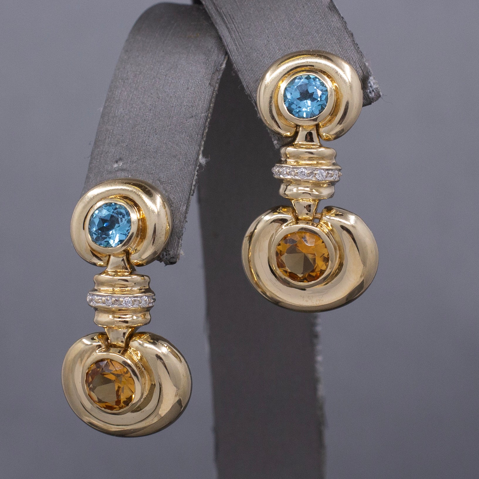 Vintage Bezel Set Blue Topaz and Citrine Dangle Earrings in 14k Yellow Gold